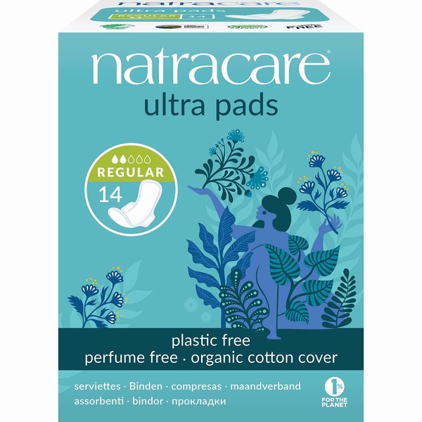 Natracare Slim Fitting Ultra Pads with Wings, Regular, Made with Certified Organic Cotton, Ecologically Certified Cellulose Pulp and Plant Starch (12 Pack, 168 Pads Total)