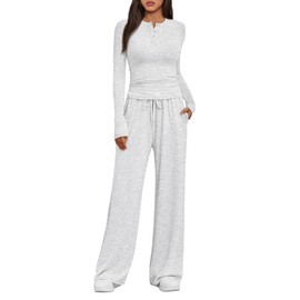 Trendy Queen Women's 2 Piece Matching Lounge Sets Fall Fashion Two Pieces Sweat Outfits Long Sleeve Wide Leg Pants Tracksuits V Neck Shirts 2025 Airport Travel Clothes Loungewear Clothing LGrey XL