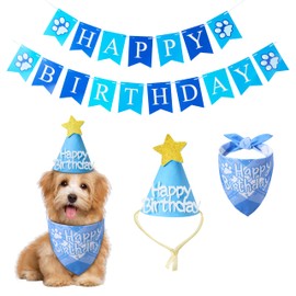 Goherii Dog Birthday Party Supplies, Dog Bandana Set with Dog Birthday Hat, Banner for Dog Party Decoration, Multi Size Offered Puppy Pet Boy (Blue,XS)