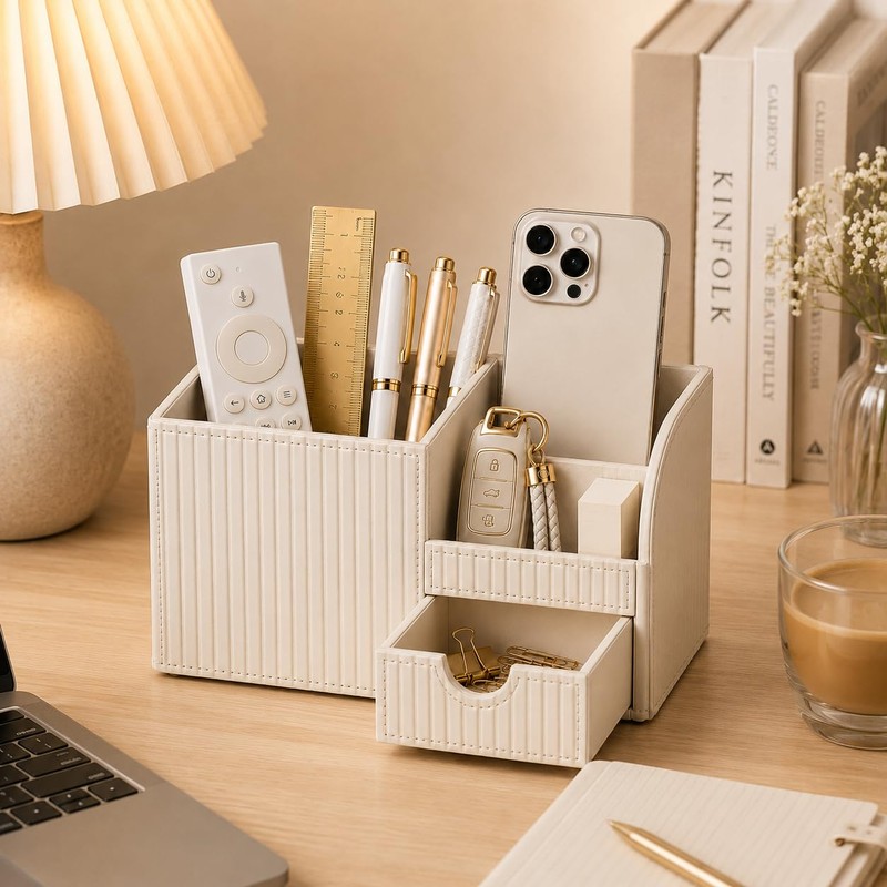 KINGFOM Luxury PU Leather Desk Organizer with Drawer, Modern Aesthetic