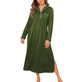 Ekouaer Nightgowns for Women Long Sleeves Nightgown Soft Sleepwear Button V Neck Sleepshirt Long Nightgown S-XXL, Army Green, Medium