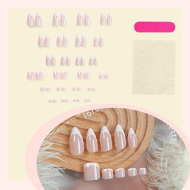 48Pcs Medium Almond Press on Nails and Toes Matching Set White French Tip Fake Fingers Toe Nail Tips Press ons Nude Glossy Glue on Toe Nails Acrylic Nails Square Summer False Toe Nails for Women