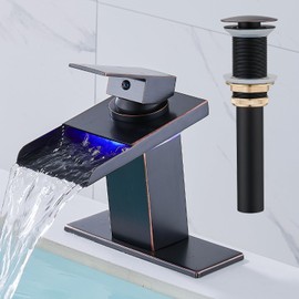 AVSIILE LED Bathroom Sink Faucet, Oil Rubbed Bronze Waterfall Single Hole Handle Vanity Faucets for Sinks 1 Hole with Metal Pop Up Drain and 2 Water Supply Lines, Stainless Steel Spout