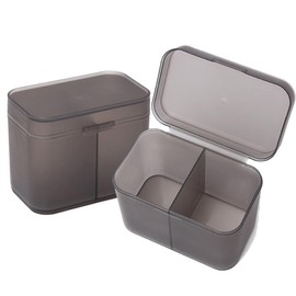 luzen 2Pcs Plastic Nail Art Cotton Pad Box Holder Rectangle Double Grid Cotton Ball Swab Pad Storage Box Dispenser Containers with Lid Desktop Organizer for Bathroom Vanity Countertop, Grey