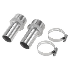X AUTOHAUX Hose Barb Fittings with 2 Clamps Male Thread Compression Fitting for Air Water Oil Gas Fuel Stainless Steel 1.3" OD 1.2" BSPT 1 Set Silver Tone