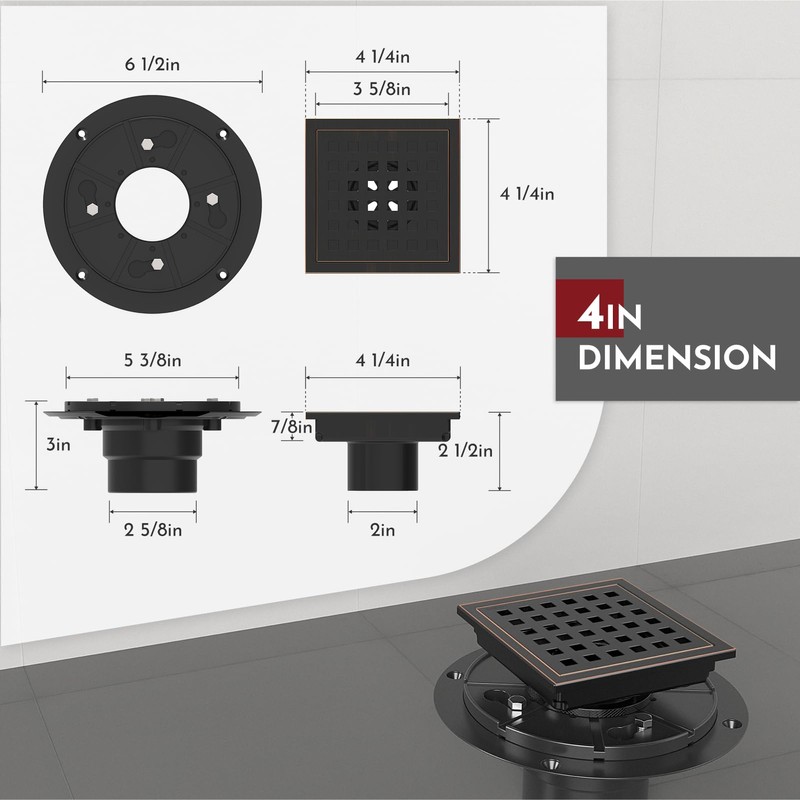 WEBANG 4 Inch Square Shower Floor Drain with Flange,Quadrato Pattern