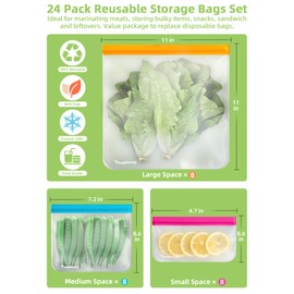 24 Reusable Food Storage Bags, Freezer Bags with Pack BPA FREE (8 Reusable Gallon Bags+8 Leakproof Reusable Sandwich Bags+8 Food Grade Snack Bags) EXTRA THICK Reusbale Lunch Bag for Salad Fruit