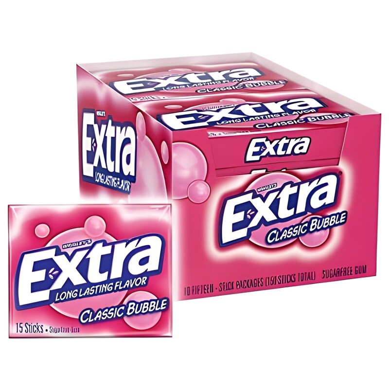 EXTRA Classic Bubble Sugar Free Chewing Gum, 15 Pieces (10