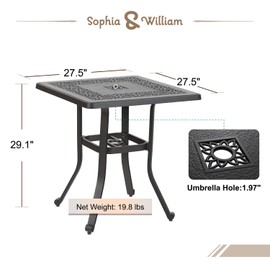 Sophia & William Patio Cast Aluminum Bistro Bar Table Square, Outdoor Modern Dining Table Furniture with 1.97" Umbrella Hole, Brown 27.5" L x 27.5" W x 29.1" H