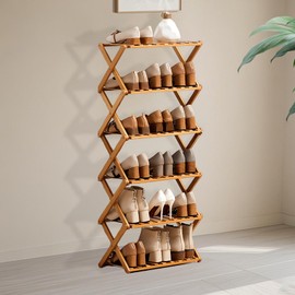 Jessie Bamboo Shoe Rack,Free Standing Shoe Rack for Closet,Portable Folding Shoe Storage Rack, Space Saving,Shoe Shelf for Bedroom Entryway Hallway Closet Living Room (Primary-6 Tier)