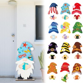 PullCrease 26 Pcs Large Interchangeable Wooden Gnome Front Porch Decor 11.81" x 23.62" DIY Holiday Seasonal Vertical Porch Sign for Front Door Detachable Gnome Standing Sign for Home Yard