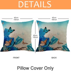 JiangLANY Blue Floral Spring Lily Butterfly Print Cushion Covers 18x18 inch Oriental Flower Garden Pattern Linen Cotton Decorative Square Pillow Case Cover for Living Room Garden Sofa Chair,2 Pack