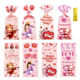 Zellophanbeutel für Valentinstag, rosa Amor, Bär, Herz, Prinzessin, weißes Pferd, Süßigkeiten, Kekstüten, niedliche Plastiktüten für Valentinstag, Hochzeit, Süßigkeitenparty, Geschenktüte, 50 Stück