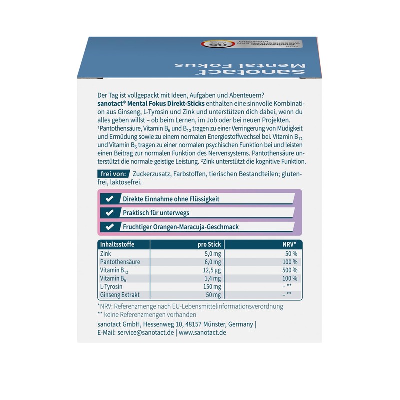 sanotact Mental Focus Direct Sticks - With L-Tyrosine, Ginseng &