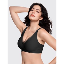 LetsJoli Deep V Mesh Wireless Bras for Women No Underwear Seamless Push Up Comfortable Tshirt Bralettes Everyday Bra(Black,L)