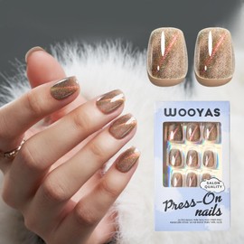 Wooyas Cat Eye Press on Nails Gray Square Handmade Press on Nails Short Red Gold Glitter Cat Eye Fake Nail Kit 24 PCS with Glue False Nail for Women