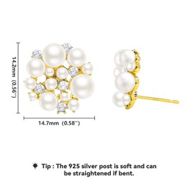 Yivioep 14K Gold Plated Pearl Stud Earrings, Simulated White Pearl Cluster Cubic Zirconia Earrings for Women, 925 Silver Post Hypoallergenic Pierced Earrings Trendy Wedding Bridal Jewellery