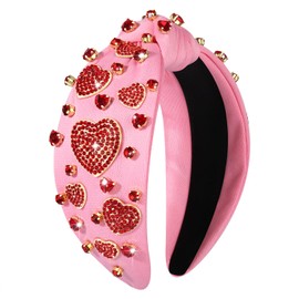 JERTOCLE Valentine's Day Headband for Women Beaded Rhinestone Red Pink Heart Knotted Headband Embellished Crystal Top Knot Headband Valentines Hair Accessories Party Gifts (Pink)