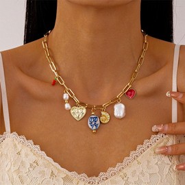 Gold Charm Necklace for Women Trendy Heart Bow Pearl Charm Necklace Summer Charms Neckalce Beach Jewelry Gifts (A.)