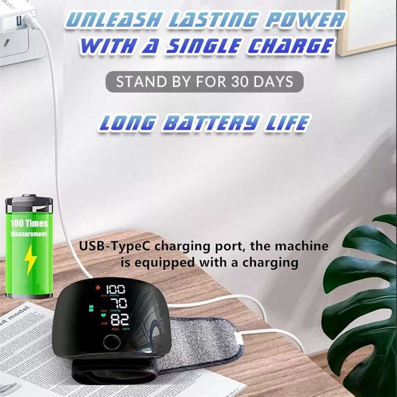 LED Blood Pressure Monitor Wrist Rechargeable Voice Broadcast Heart Rate