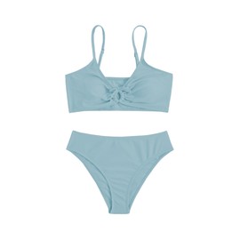 OYOANGLE - Conjunto de bikini sólido de 2 piezas para niña, traje de baño deportivo con lazo frontal fruncido, traje de baño, Azul/claro, 14 Años