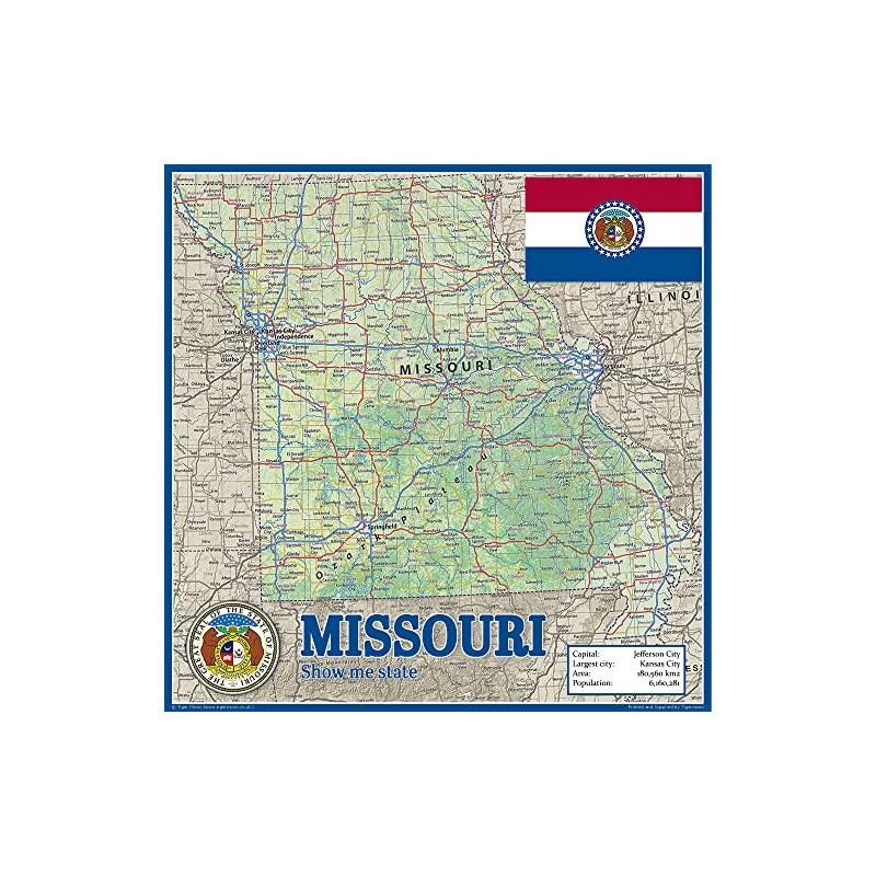 Missouri State Physical Map - 16.5 x 16.5 Inches -