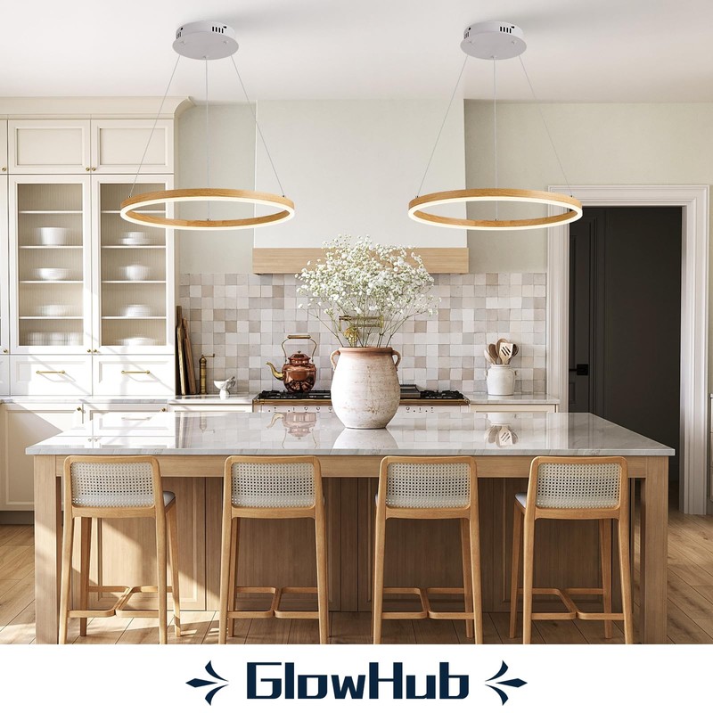 Ring Chandelier LED Wood Grain Round Chandeliers Modern Farmhouse Pendant