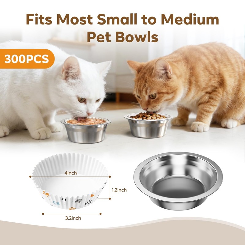 300 Pack Disposable Cat Bowl Liners with 2 Stainless Steel