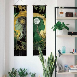 PLIGREAT Pack of 2 Sun Moon Tapestries with Tassels, Aesthetic Goddess Art Wall Hanging Vertical Green Plants Home Tapestry for Bedroom Living Room Long Narrow Decor, 130 x 33 cm