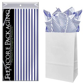 Flexicore Packaging White Kraft Paper Gift Bags & Navy Blue Gift Wrap Tissue Paper | Size: 5.25 Inch X 3.25 Inch X 8.25 Inch | Count: 50 Bags | Color: Navy Blue Pin Stripe