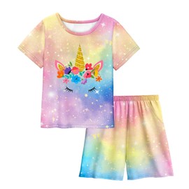 LQSZ Girls Pajamas Set with Pocket Toddler Kids Short Sleeve Rainbow Unicorn Sleepwear Pjs Set 6T 7T