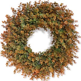 26" Fall Wreath for Front Door, Porch, Window - Large Artificial Boxwood Leaves Outdoor Wreath for Home, Farmhouse Harvest Festival Thanksgiving Day Autumn Decor