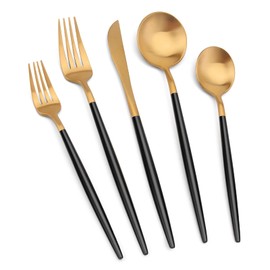 Matte Gold Silverware Set with black handle, Vanys 20 Piece Stainless Steel Cutlery Flatware Set, Kitchen Utensil Sets for 4, Tableware With Knife Spoons And Forks Set, Satin Finished Polished