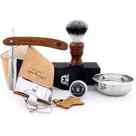 Vintage Style Men's Shaving Set with Synthetic Hair Shaving Brush,Cut Throat Razor/Barber Style Razor, Double XL Pure Leather Strop & Sharping Paste,Stainless Steel Bowl +Free Aluminum Stick
