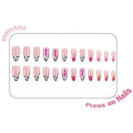 IMRAIN Medium Press on Nails Almond Fake Nails Zebra Stripes French Tip Acrylic False Nails with Pink Hawaii Flower Design Summer Glue on Nails Full Cover Artificial Nails for Women Manicure