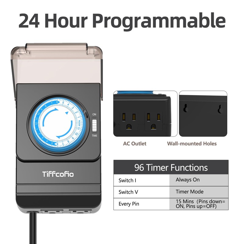 TiFFCOFiO Outdoor Heavy Duty Mechanical Timer Outlet Waterproof, 15 Minutes