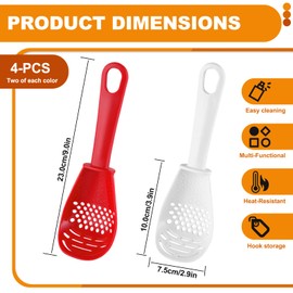 4 Pieces Multifunctional Kitchen Cooking Spoon, Plastic Slotted Spoon with Long Handle, Heat Resistant Strainer Scoop for Dripping, Mashing, Grinding, Separating (Red, White)