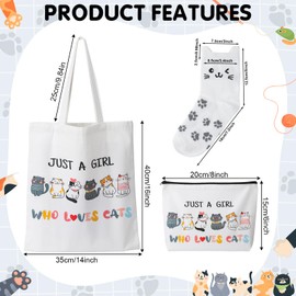 ViEinkaufen Cat Gifts for Women,Cat Tote Bag, Makeup Bag and Cat Women's Sock Canvas Tote Bag with Inner Pocket Reusable Foldable Canvas Grocery Shopping Bag for Girls Friends Teachers