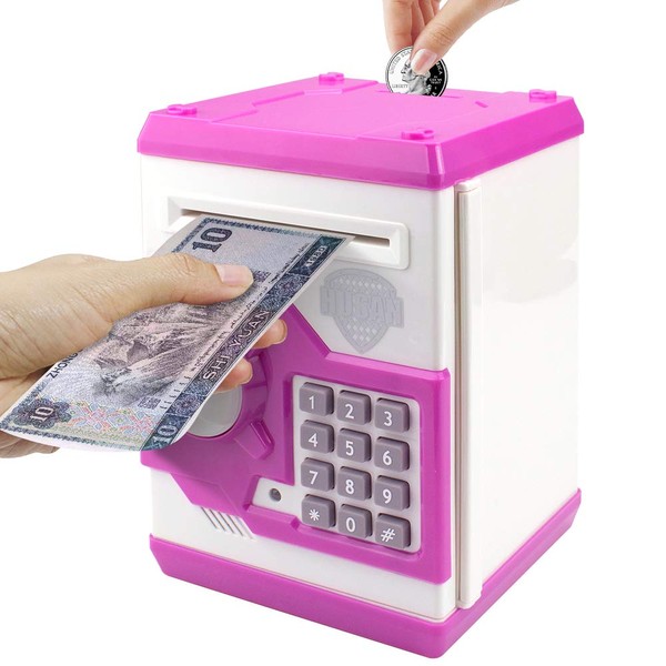 Samate Cartoon Electronic ATM Password Piggy Banks New Great Gift Toy for Children Kids Can Auto Scroll Paper Money for Children Fun Toy (Pink1)