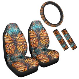 Uskorhein Butterfly 5 Pcs Car Seat Covers 2 Front Car Seat Cover, Stained Glass Butterfly Steering Wheel Cover, Mosaic Tile Monarch Butterfly Seat Belts Cover Decor for SUV Truck