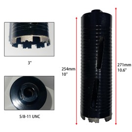 3 inch Dry Core Drill Bit 10in/254mm Drilling Depth， 5/8-11" Thread，10mm Diamond Segment Height，2 Adapters