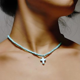 Turquoise Choker Necklaces for Women Bohemian Beaded Jewelry Heart Evil Eye Cross Charms Western Turquoise Jewelry Cowgirl Jewelry Outfits