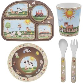 Lesser & Pavey Rpet Eating Farm Set for Eating & Kitchen | All-in-One Plates and Bowls Set with Spoon & Fork | Printed Dinner Set for Home | BPA Free Healthy Material Eating Set for Kids & Adults