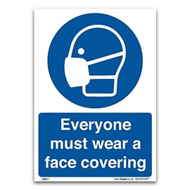 Everyone must wear a face covering Sign, A4 297x210mm, 1mm Rigid Plastic, Mandatory Virus Protection Safety