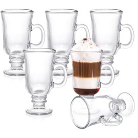 ZENFUN Set of 6 Irish Coffee Mugs, 8 Oz Glass Footed Espresso Cups with Handles, Clear Goblet Mugs Glasses for Coffee, Latte, Cappuccino, Smoothie, Hot&Cold Beverages