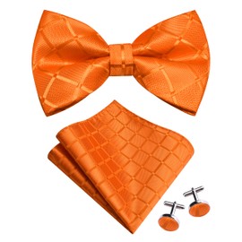 GUSLESON Orange Bow Tie Pocket Square Set for Wedding Pre-Tied Silk Plaid Checkered Bowties Handkerchief Cufflinks for Men (0494-23)
