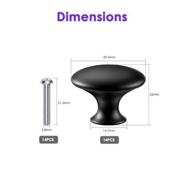 BUNTOR 14PCS Black Cabinet Knobs, 30mm Door Knobs, Cupboard Handles Knob Black with 26mm Screws, Zinc Alloy Drawer Knob, Round Furniture Kitchen Door Handles for Cabinets, Wardrobes