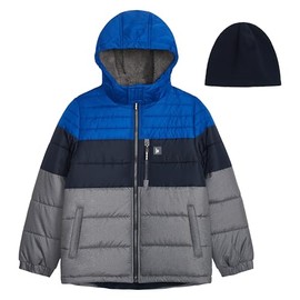 LONDON FOG Boys' Heavyweight Puffer Jacket with Sherpa-Lined Hood & Fleece Beanie, Blue