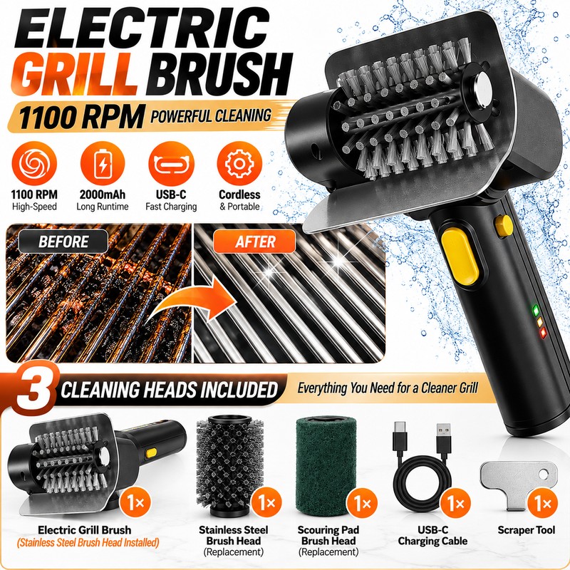 Rechargeable Electric Grill Brush, Cordless BBQ Grill Cleaner with 1100