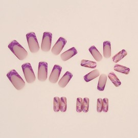BABALAL Press on Nails Medium Square Fake Nails Purple French Tip Glue ons Matte Acrylic Nails 24Pcs Squoval Manicure 12 Size Stick on False Nails Supplies Diy Nail Art